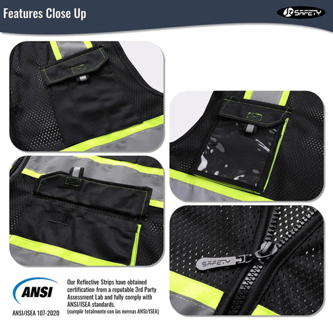 Close-up features of Stay Cool And Look Sharp Working Outdoors With This No Sweat High Reflective Mesh Vest with pockets and zippers.