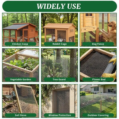 Collage showing uses of 16 Inch By 50 Foot 19 Gauge Hardware Cloth With 1/2 Inch Mesh Galvanized Chicken Wire Fence for various enclosures.
