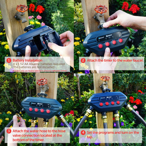 Step-by-step setup of Four Zone Bluetooth Water Timer with Independent Programs and 30 Customizable Cycles for irrigation.