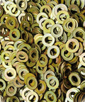 Straight Up Heavy Duty 3/8 Inch Flat Washers Sae Grade Eight Yellow Zinc Plated Bulk Supply Of Six Thousand Five Hundred Rust Resistant Hardware scattered on a surface.