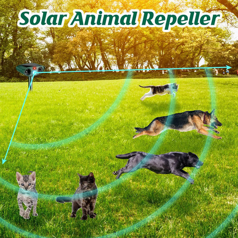 Ultrasonic Outdoor Animal Repellent Deterrent Solar Powered Waterproof Motion Sensor Two Pack Green For Yards Gardens And Lawns With No Nonsense Long Term Behavioral Training To Keep Pests And Wildlife At Bay., green solar animal repeller in lawn with cats and dogs
