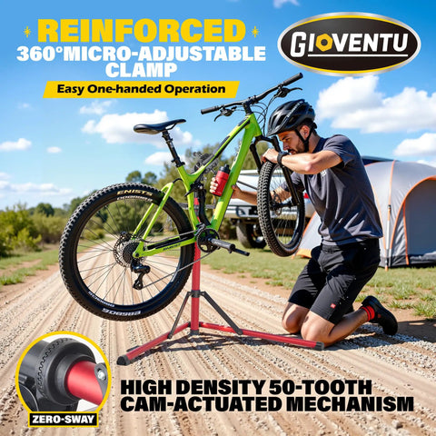 Heavy Duty E Bike Repair Stand With Beefy 110 Lb Capacity supports mountain bike on outdoor dirt path.