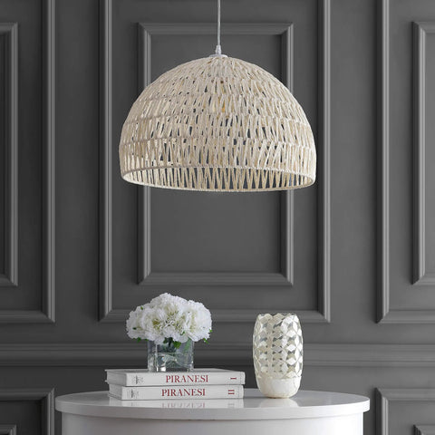 Cream Modern Boho Rope LED Pendant Light Fixture With Adjustable Dome Ceiling Lamp For Kitchen Island, Rope Shade, Coastal Farmhouse Decor, LED Bulbs Included, Easy Install, Cozy Dope Glow hanging over a table.