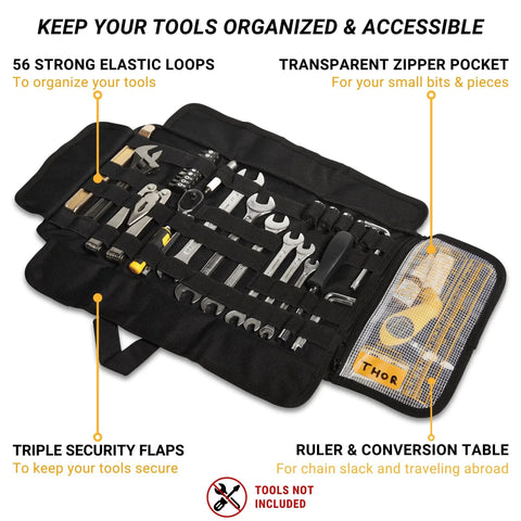 Compact Roll Up Motorcycle Tool Bag With MOLLE Strap For Grab-And-Go Kit, tools displayed in elastic loops and zipper pocket.
