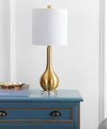 Brass Gold Crystal Teardrop Table Lamp With White Linen Drum Shade, 25 Inches Tall, LED Bulb Included, The Go To Choice For Bedroom Or Living Room Nightstand Or End Table, Modern Glam Lighting on blue dresser