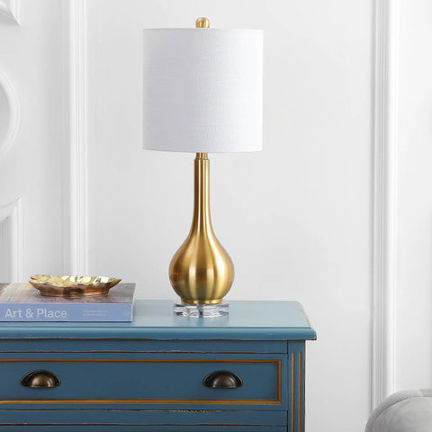 Brass Gold Crystal Teardrop Table Lamp With White Linen Drum Shade, 25 Inches Tall, LED Bulb Included, The Go To Choice For Bedroom Or Living Room Nightstand Or End Table, Modern Glam Lighting on blue dresser