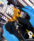 Heavy Duty Insulated Electrical Work Gloves Featuring Beefy 400V High Voltage Shock Protection Plus No Fuss Waterproof Oil Resistant Coating For Your Daily Grind Construction Jobs, worn while connecting electrical components.