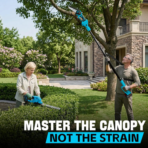 Couple using Six In One Pole Saw And Cordless Hedge Trimmer Kit With Eight And A Half Feet Reach Powerhouse Mini Chainsaw
