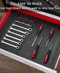 Non Slip Grippy Foam Toolbox Liner And Drawer Mat Stay Put Cut To Fit Easy Trim Cabinet Liner For Tools And Gear Thick Black Padding 16 Inch Wide 16 Feet Long Keeps Tools From Sliding installed in a toolbox with wrenches and screwdrivers.