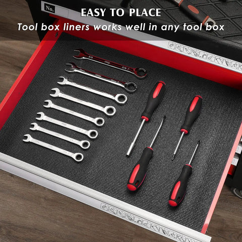 Non Slip Grippy Foam Toolbox Liner And Drawer Mat Stay Put Cut To Fit Easy Trim Cabinet Liner For Tools And Gear Thick Black Padding 16 Inch Wide 16 Feet Long Keeps Tools From Sliding installed in a toolbox with wrenches and screwdrivers.