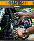 Beefed Up Heavy Duty Ratchet Tie Down Straps Set securing motorcycle with cam buckle, close-up view