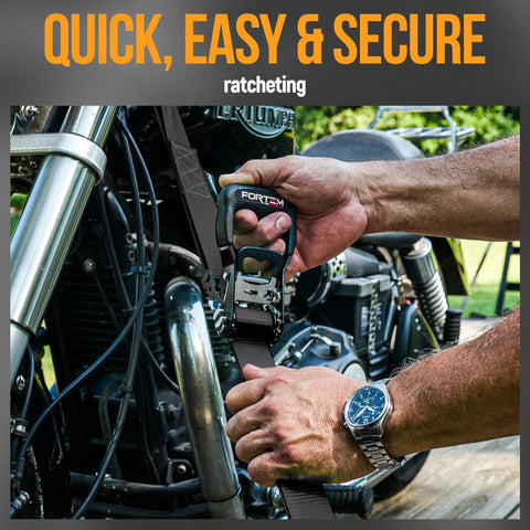 Beefed Up Heavy Duty Ratchet Tie Down Straps Set securing motorcycle with cam buckle, close-up view