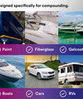 Images of boats, cars, and RVs for compounding uses with paint, fiberglass, and gelcoat.