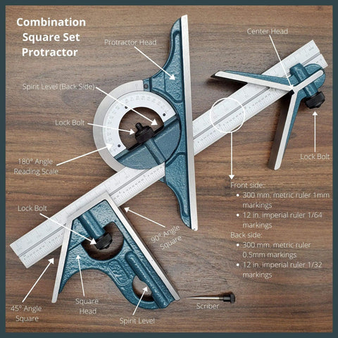 Pro Grade Combination Square Set With Protractor 12 Inch Bevel Ruler For Woodworking and Metalworking Cabinets and Joinery