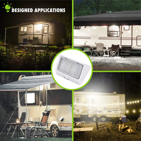 Rugged 12V LED RV Exterior Porch Light With Switch, 300 Lumen Ultra Bright Fixture illuminating RVs and trailers at night
