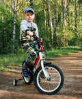 Child riding a bike with training wheels in a forest, using Two Pack Heavy Duty Bike Tubes For 18 Inch Rims 18x1.75 To 18x2.25 With AV Schrader Valve 32mm 45/57-355