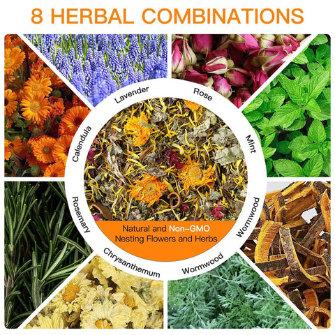 Natural Chicken Hen House Bedding with Herbs and Flowers, showing 8 herbal combinations for nesting boxes odor control and freshness.