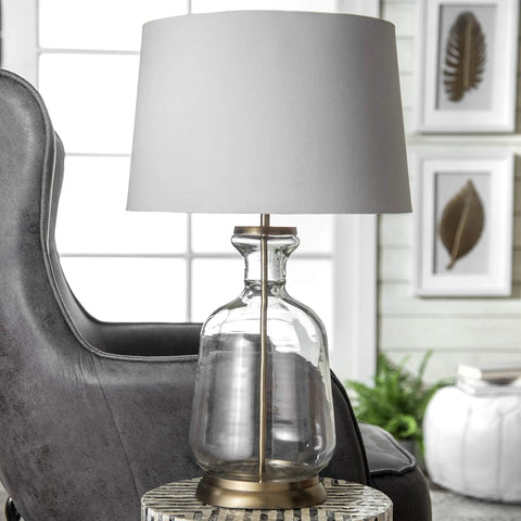 Glass Table Lamp With Cotton Shade, 24 Inch Tall End Table Lighting For Living Room, Bedroom, Dining Room Or Entryway, 3 Way Socket, Soft Cozy Glow, Modern Home Decor Accent Lamp