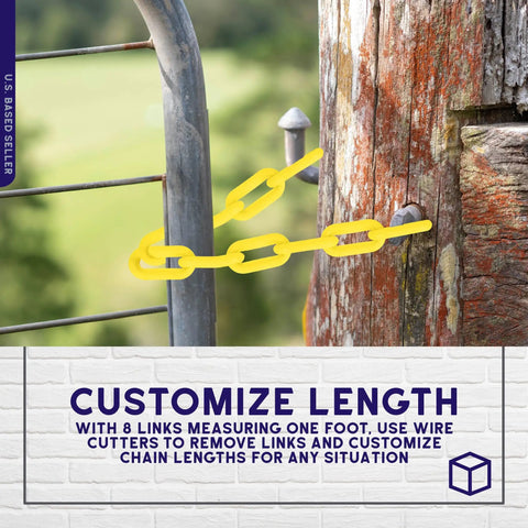 Yellow Plastic Barrier Chain For Safety And Crowd Control, 125 Feet Long And 2 Inches Wide, used in customizable length on fence.