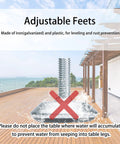 Outdoor deck with adjustable feet warning, indicating not to place tables where water can seep into the table legs.