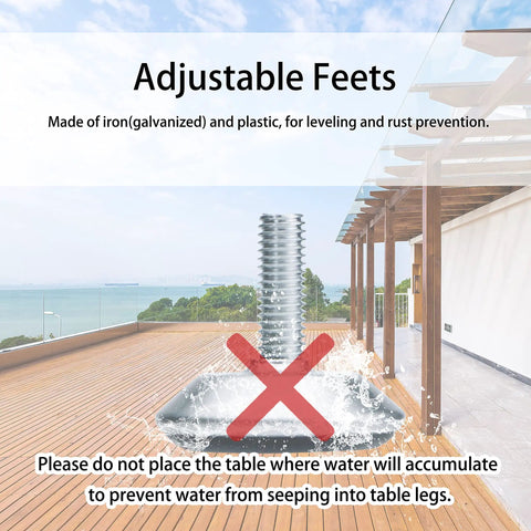 Beefy Heavy Duty Square Tube Metal Table Legs adjustable feet on a wooden deck with water splash illustration and rust prevention note