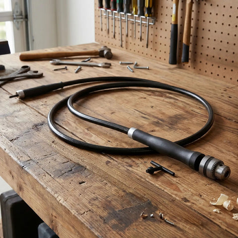 Flexible Drive Drill Bit Extension Flex Shaft Rotary Tool Accessory Fits 3 8 Inch Chucks on a workbench.