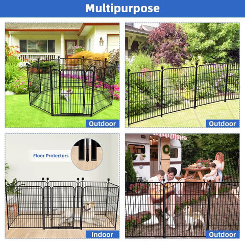 Outdoor and indoor views of Tall 48 Inch High Garden Fence With Gate Heavy Duty Iron Pet Fence 17.7 Feet Total Length Eight Panels