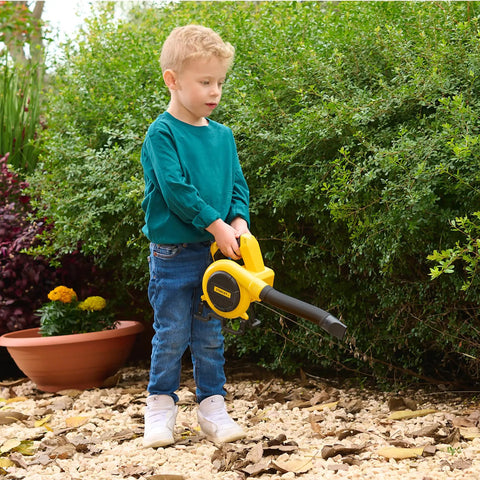 Child using Battery Powered Kids Leaf Blower Toy For Outdoor Play, Realistic Yet Safe Kid Friendly Pretend Garden Tool For Little Gardeners