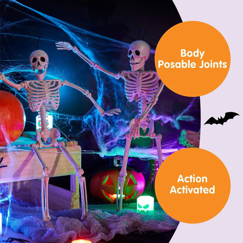 Two Pack 16 Inch Poseable Hanging Skeletons With Movable Joints For Halloween Decor in haunted setup