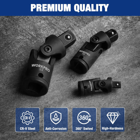 Flexible Universal Joint Socket Adapter Set For Multi Angle Access Includes One Quarter Inch, Three Eighths Inch And One Half Inch