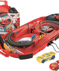 Speed Arena Disney Pixar Cars Slot Car Race Track Set With Lightning McQueen And Dinoco Cruz Ramirez displayed on a table.