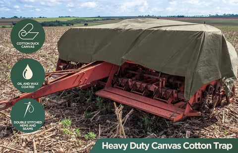 Beefy Heavy Duty Waterproof Canvas Tarp For Tough Outdoor Jobs Extra Durable Multipurpose Camping Cover With Rustproof Grommets Ideal For Industrial And Commercial Use Olive Drab 8 By 10 Feet covering agricultural equipment in field.