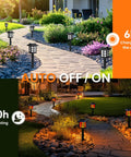 Outdoor Solar Torch Lights 10 Pack With Dope Flickering Flame, installed alongside a garden pathway, shown in day and night settings.