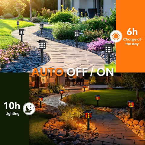 Outdoor Solar Torch Lights 10 Pack With Dope Flickering Flame, installed alongside a garden pathway, shown in day and night settings.
