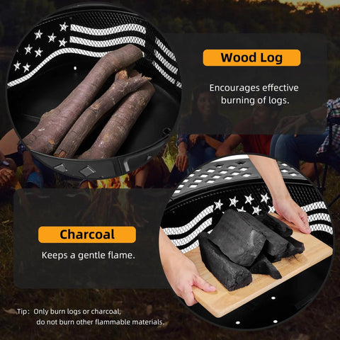 Big 42 Inch Outdoor Fire Pit With Two Grills For Wood Or Charcoal Burning, featuring logs and charcoal options.