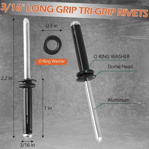 3/16" long grip tri-grip rivets showing aluminum design and O ring washer, part of Heavy Duty Manual Rivet Gun Kit With Three Sixteen Inch Tri Grip Pop Rivets Real Deal Tool Free Swap Heads Smooth Operator Aluminum Riveter Built Tough For Kayaks Canoes And Boats.