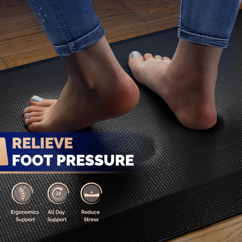 Extra Thick Anti Fatigue Standing Mat For Home And Office, 24 X 70 Inches, Ergonomic Standing Desk Mat With Gel And Memory Foam Blend, All Day Comfort, Non Slip, Black, with feet standing on it, showing texture and thickness.