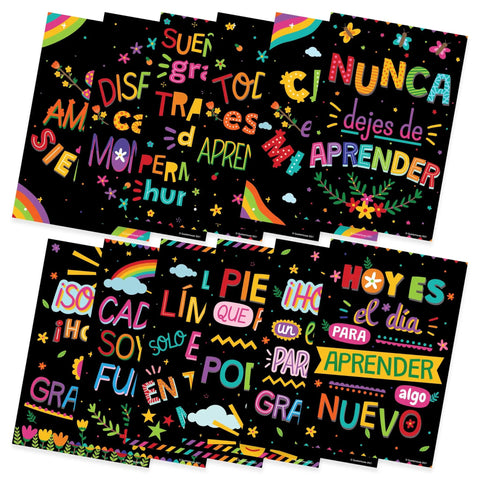 12 Poster Spanish Motivational Classroom Set For Pre K Through 12 Students And Teachers, Inspirational Quotes, colorful designs