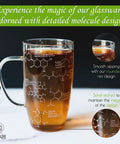 Chemistry Glass Tea Cups Set Of 2 18 Oz Beaker Mugs With Tea Molecule Etchings showcasing molecule designs in etched glass.
