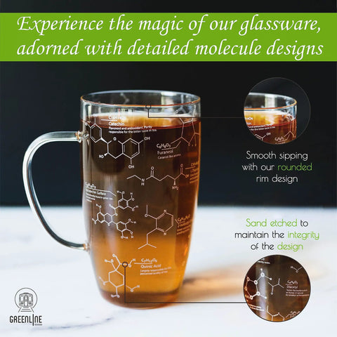 Chemistry Glass Tea Cups Set Of 2 18 Oz Beaker Mugs With Tea Molecule Etchings showcasing molecule designs in etched glass.