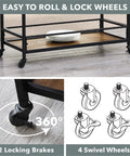 Prime Rolling Industrial Bar Cart With Heavy Duty Dual Tier Shelves And Rustic Wood Metal Build For Kitchen Wine Storage showing wheels.