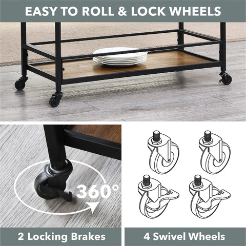 Prime Rolling Industrial Bar Cart With Heavy Duty Dual Tier Shelves And Rustic Wood Metal Build For Kitchen Wine Storage showing wheels.