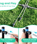 Effortless Plug-and-Play Drip Irrigation System With Quick-Connect Fit, showing connectors, tubing on lawn, and install details