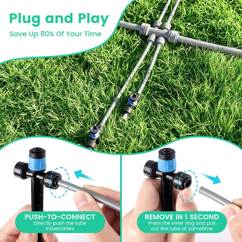 Effortless Plug-and-Play Drip Irrigation System With Quick-Connect Fit, showing connectors, tubing on lawn, and install details