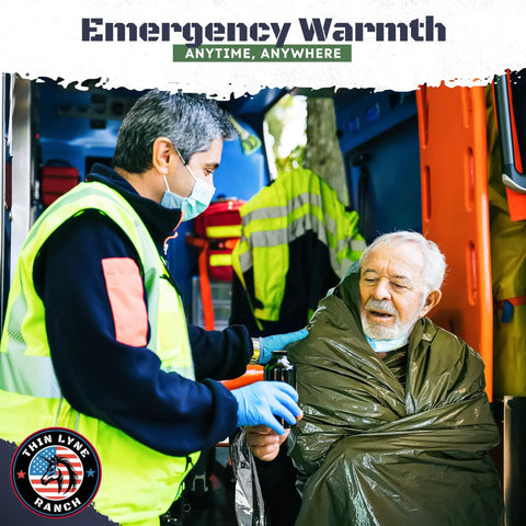 Man wrapped in a green bivy sack next to emergency worker, showcasing Ultra Large Waterproof Emergency Sleeping Bag For Survival