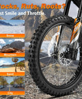 Front wheel of G300 Pro Electric Dirt Bike for Adults with 72V 30Ah Battery, showing terrain adaptability options