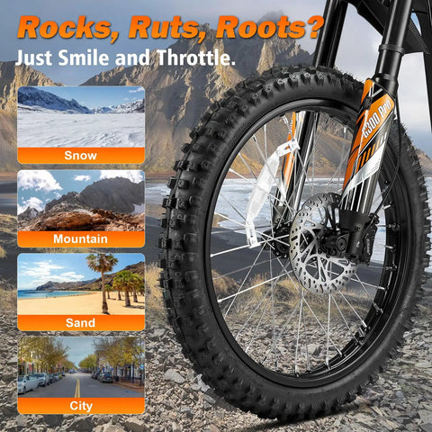 Front wheel of G300 Pro Electric Dirt Bike for Adults with 72V 30Ah Battery, showing terrain adaptability options