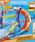 Image of Hot Wheels Corkscrew Loop Track Set with 1:64 scale die-cast car included in the packaging, showing flip and jump stunts.