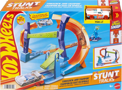 Image of Hot Wheels Corkscrew Loop Track Set with 1:64 scale die-cast car included in the packaging, showing flip and jump stunts.