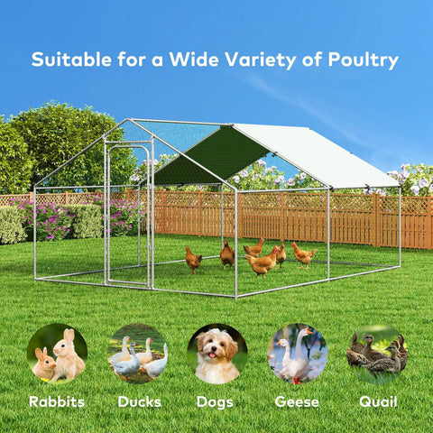 Sturdy Metal Chicken Coop With Waterproof UV Cover And Walk In Run Spire Roof Outdoor Cage For Backyard Farm Ideal For Chickens
